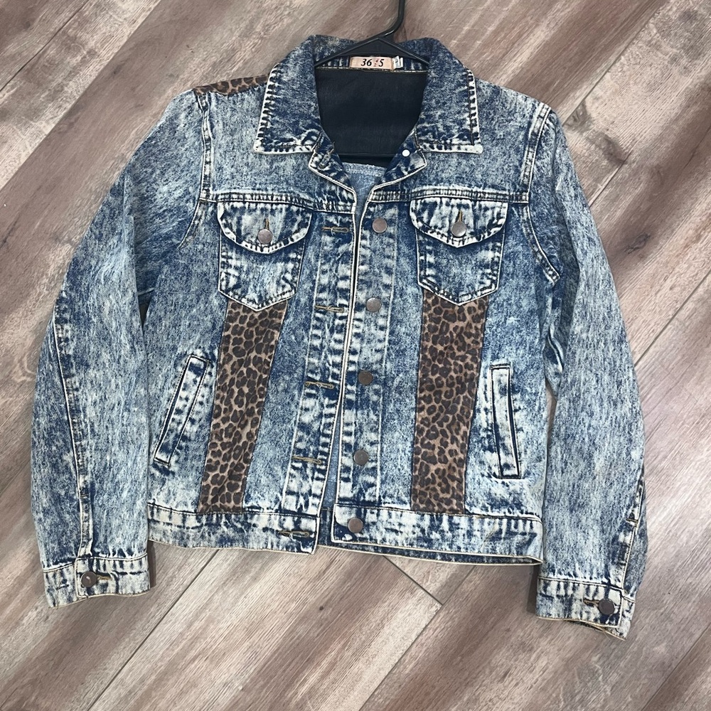 Denim Jean Jacket with Leopard Print Accents